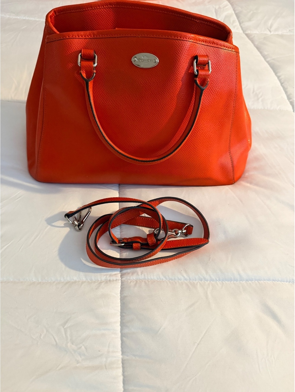 Coach Pebbled Leather Orange Satchel Bag with Detachable Str